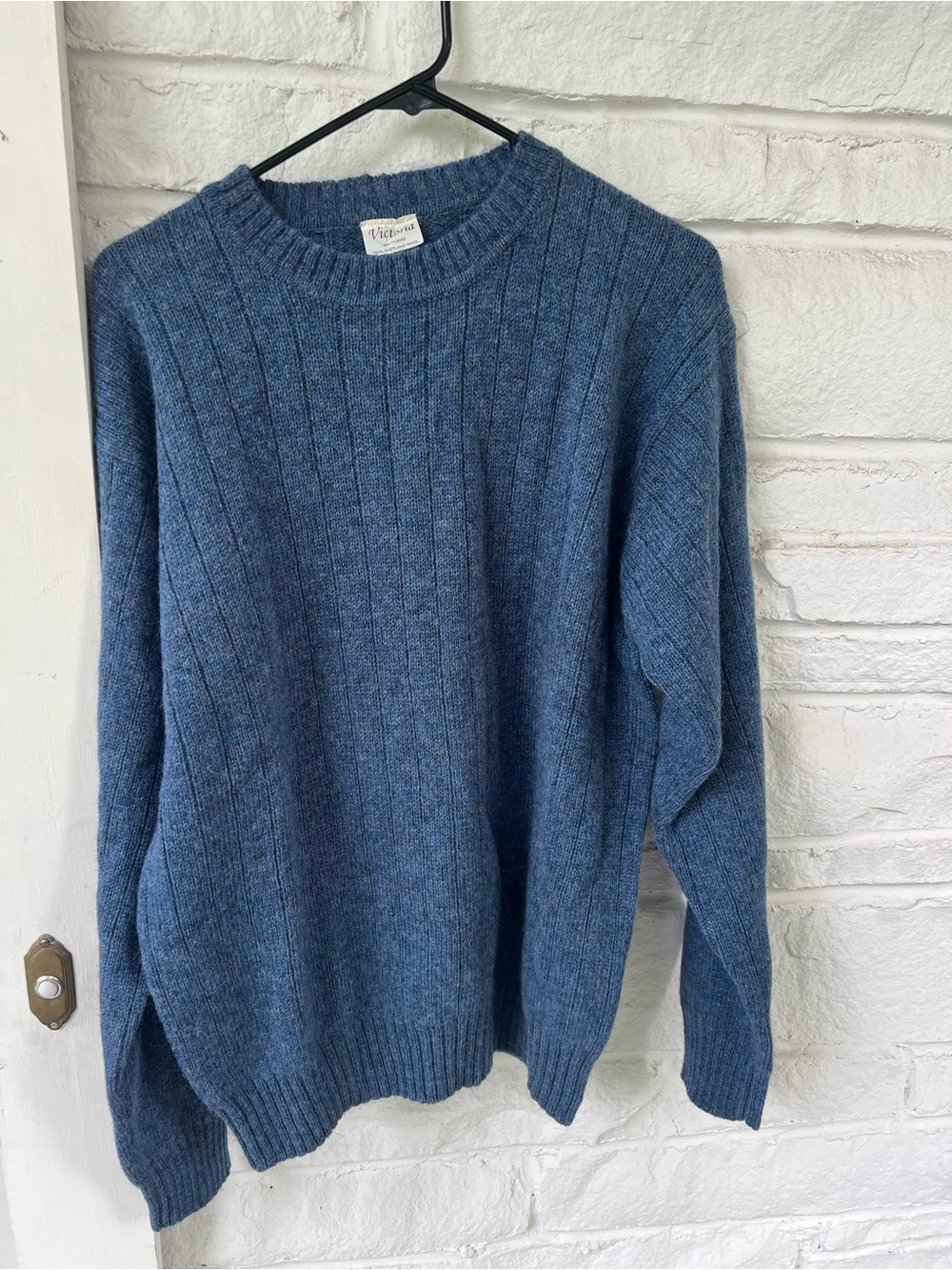 Vintage-Style Blue Ribbed Crewneck Sweater by Victoria Harbour